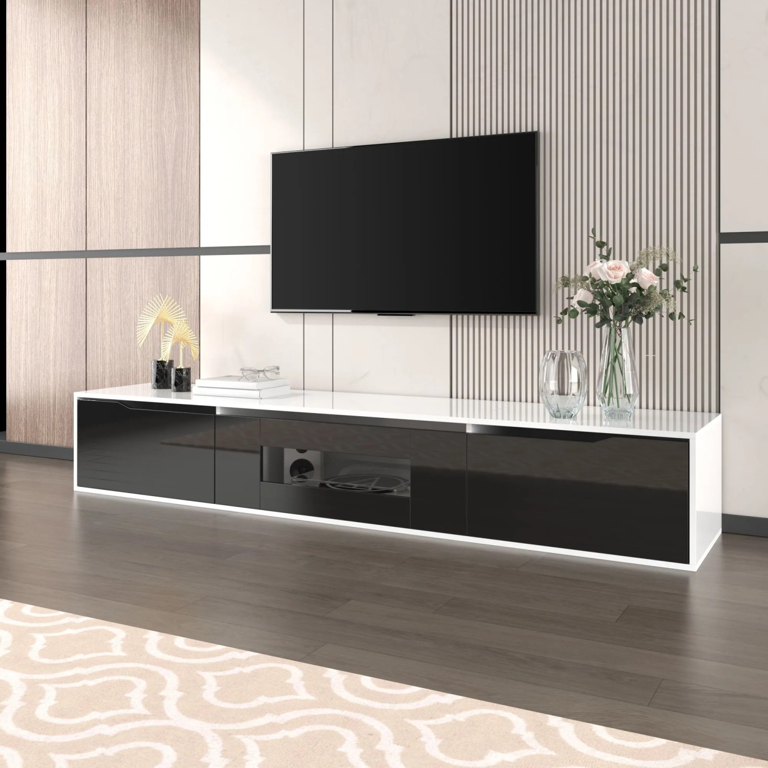 okwish TV Schrank mit LED Licht Holzoptik Glasböden 180x35x30cm Schwarz_4