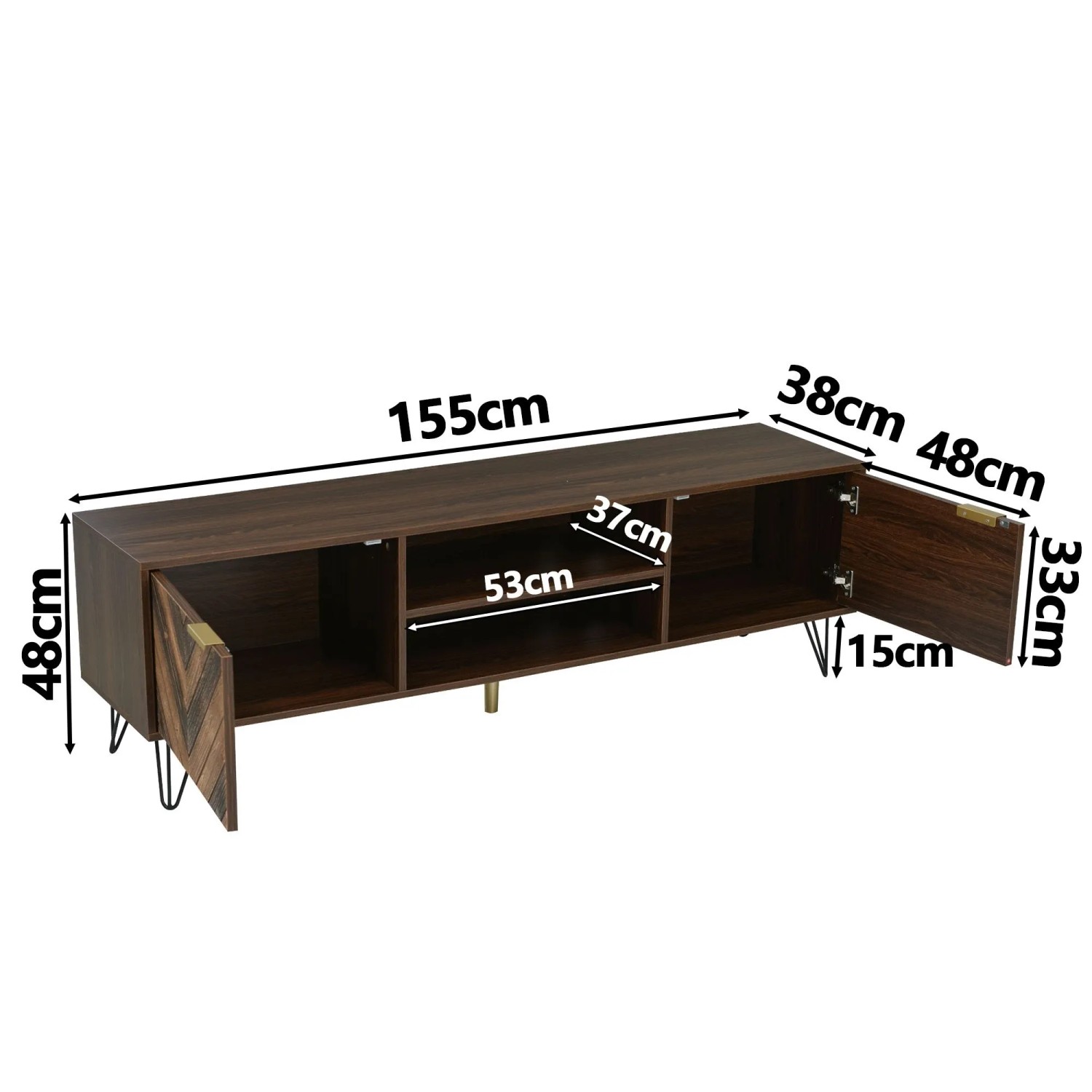 okwish TV Schrank mit Türen und Fächern und Gold Griffen für Wohnzimmer 155x38x48cm Natur_5