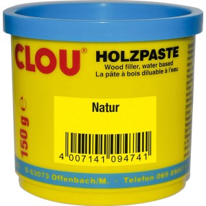 Clou Holzpaste Natur, 150g, im gelben Behälter mit blauem Deckel. Wasserverdünnbarer Holzspachtel.