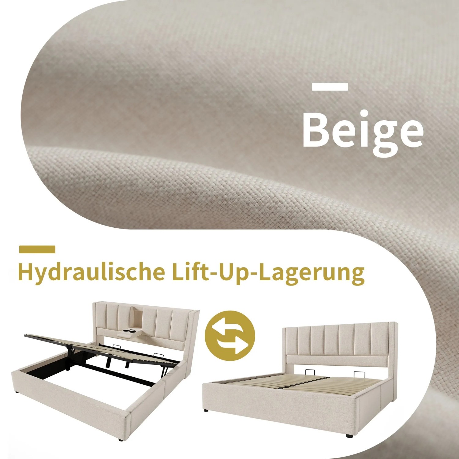 okwish Polsterbett 160x200cm mit Becherhalter Kinderzimmer Beige ohne Matratze_7