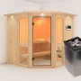 Karibu Sauna Anina 2, naturbelassen, mit Kranz, 9 kW Ofen und bronzierter Glastür.