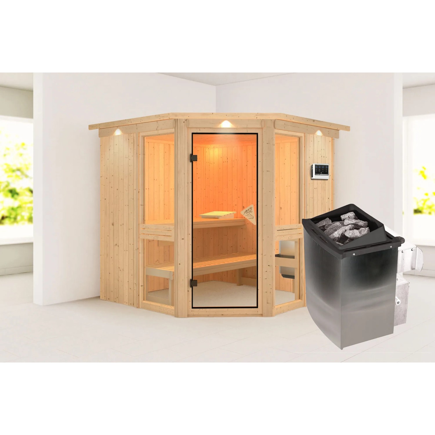 Karibu Sauna Anina 2, naturbelassen, mit Kranz, 9 kW Ofen und bronzierter Glastür.