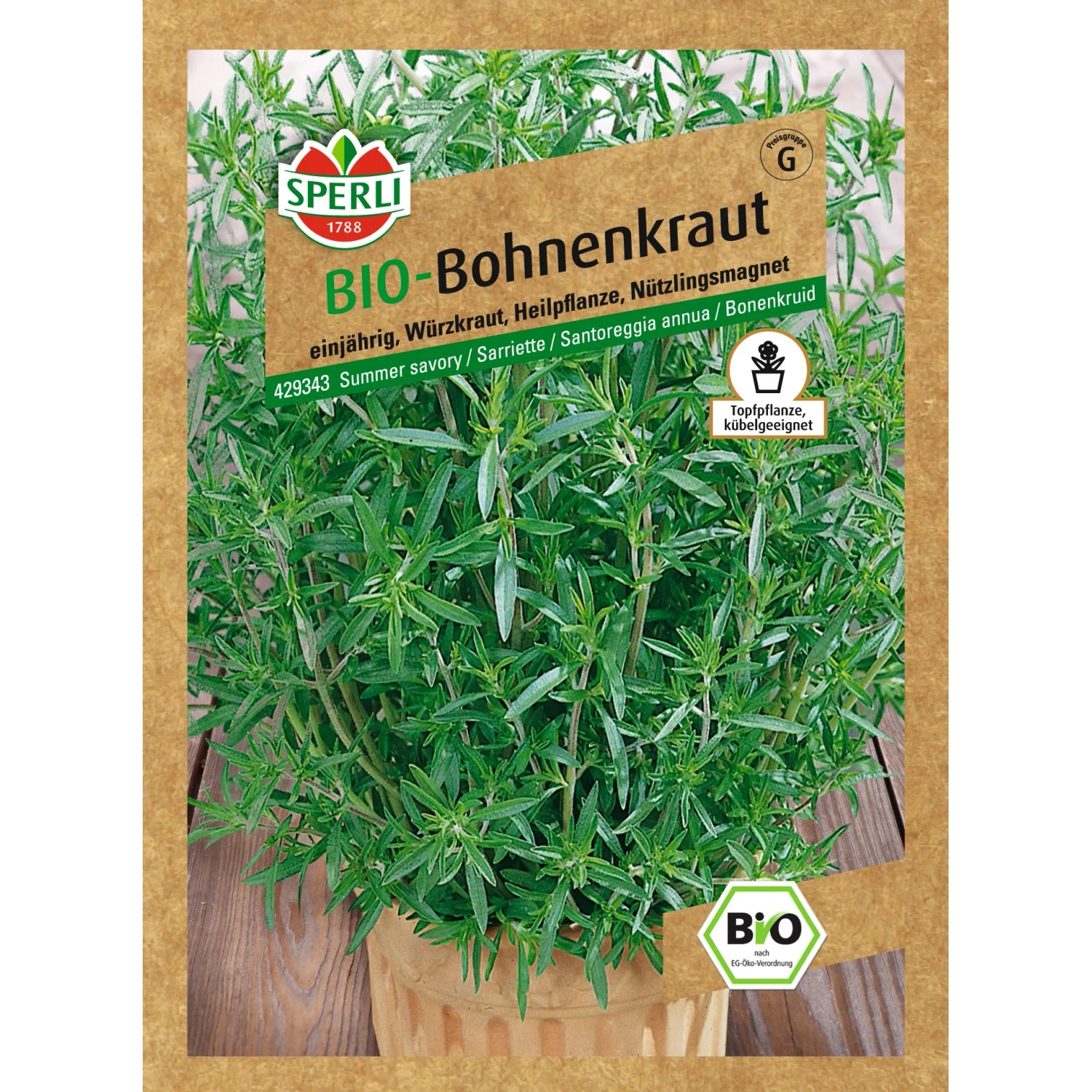 Sperli Bio Bohnenkraut Cyrano Samenpackung mit Bohnenkraut Pflanze.
