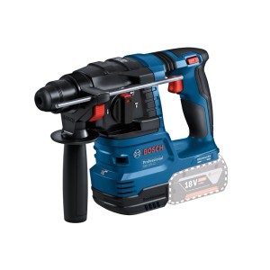 Bosch Professional Combi-Set: Blauer GBH 18V-22 Akku-Bohrhammer mit Zusatzhandgriff und Tiefenanschlag.