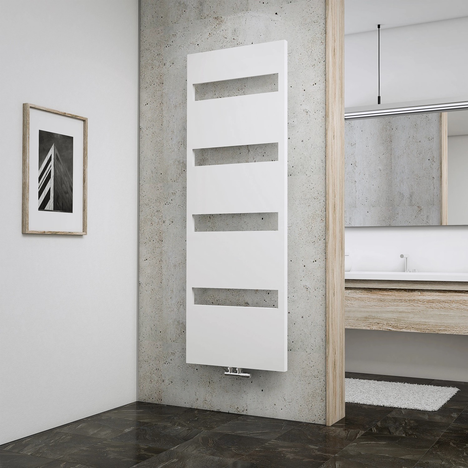 Schulter Design-Heizkörper Turin, 170,3x60,5 cm, Alpinweiß, 691 W, mit horizontalen Aussparungen.