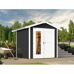 Foto eines anthrazitfarbenen Holz-Gartenhauses mit Satteldach und Design-Doppeltür von WEKA.