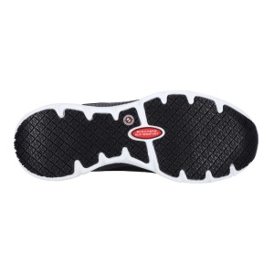 Skechers Ringstap Arch Fit SR S3 Arbeitsschuhe: Schwarz-weiße, rutschhemmende Laufsohle mit Profil für sicheren Halt.