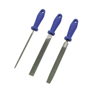 LUX Feilen Satz, 3-teilig: Flach-, Rund- und Halbrundfeile mit blauem Griff.
