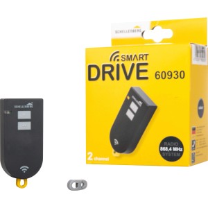 Schellenberg Funk-Handsender Smart Drive 2-Kanal in Anthrazit mit Verpackung und grauem Loop.