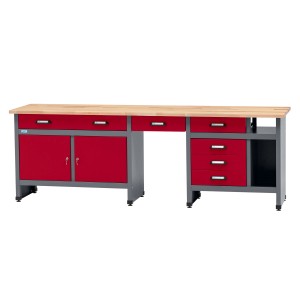 Küpper Werkbank-Set, 6-türig mit 6 Schubladen, dunkelrot, FSC®-zertifiziert, 204x240x60 cm.