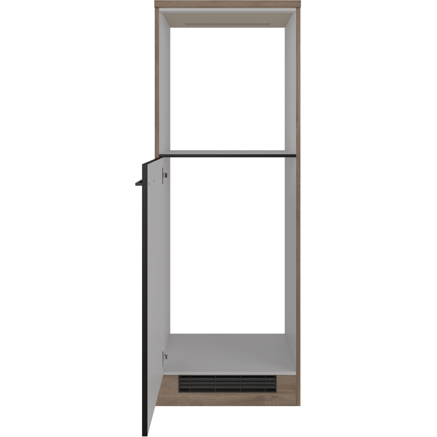 Flex-Well Geräteumbauschrank Capri, 60 cm, Schwarz Matt/Endgrain Oak, mit zwei Nischen und einer Drehtür.