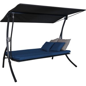 Angerer Hollywoodschaukel Motion Smart Denim mit blauem Bezug und Sonnendach.