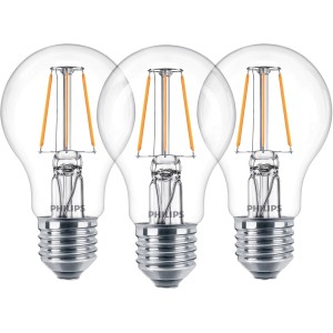 3er Set Philips LED-Leuchtmittel E27 in Glühlampenform, 4,3 W, warmweißes Licht.