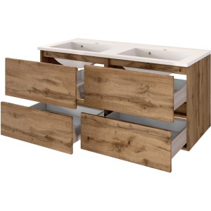 Held Möbel Doppelwaschtisch Verona 120 cm in Wotaneiche mit Mineralgussbecken und vier Auszügen.