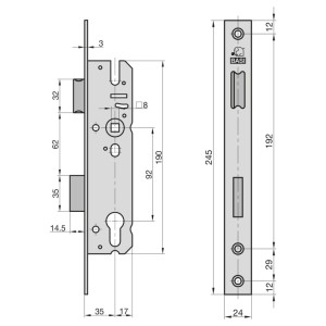 Technische Zeichnung: Basi Einsteckschloss ES 958 für Rohrrahmentüren, Maße und Details.