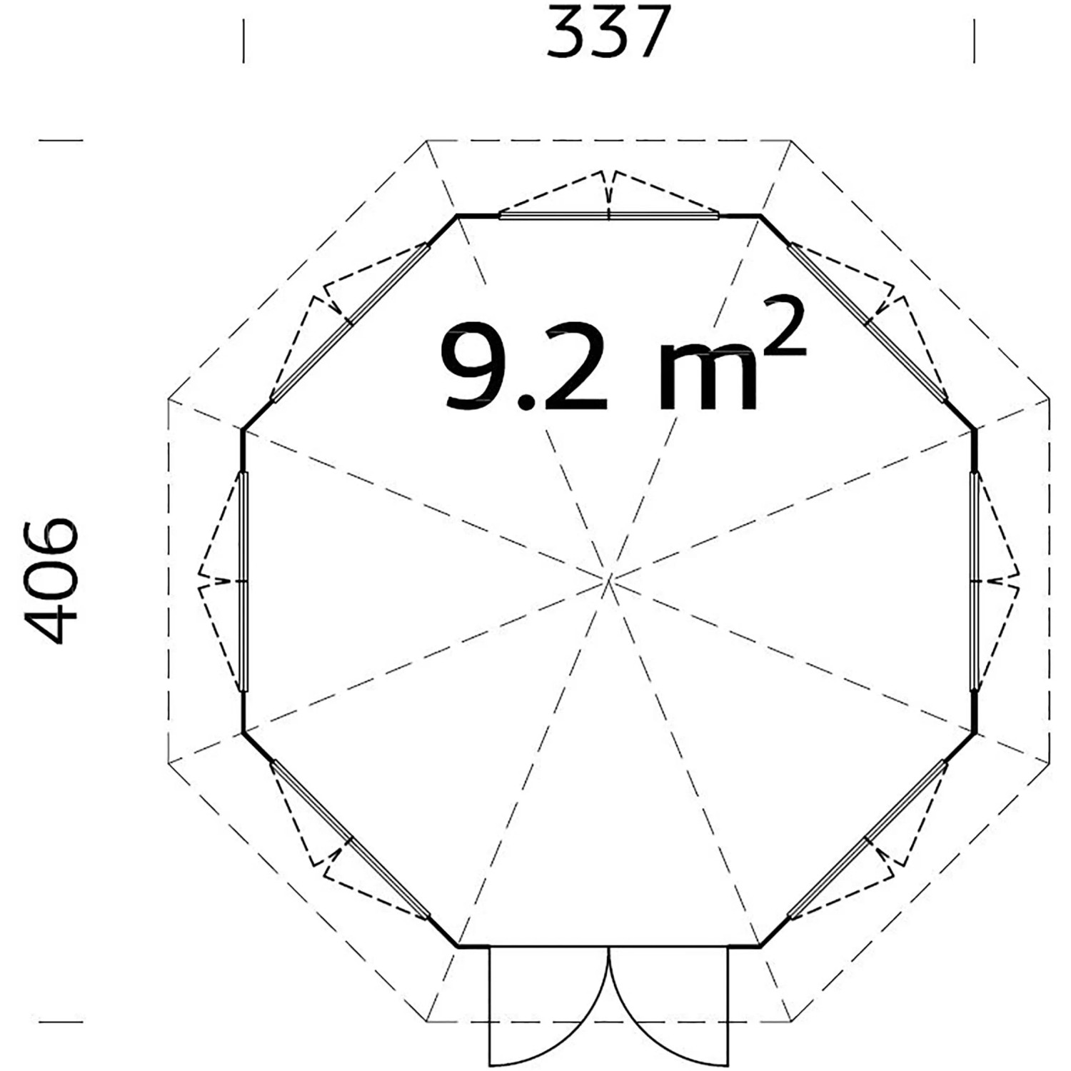 Grundriss Palmako Holz-Pavillon Veronica 7: 337x337 cm, 9,2 m² Fläche. Gartenlaube mit Tür und Fenstern.