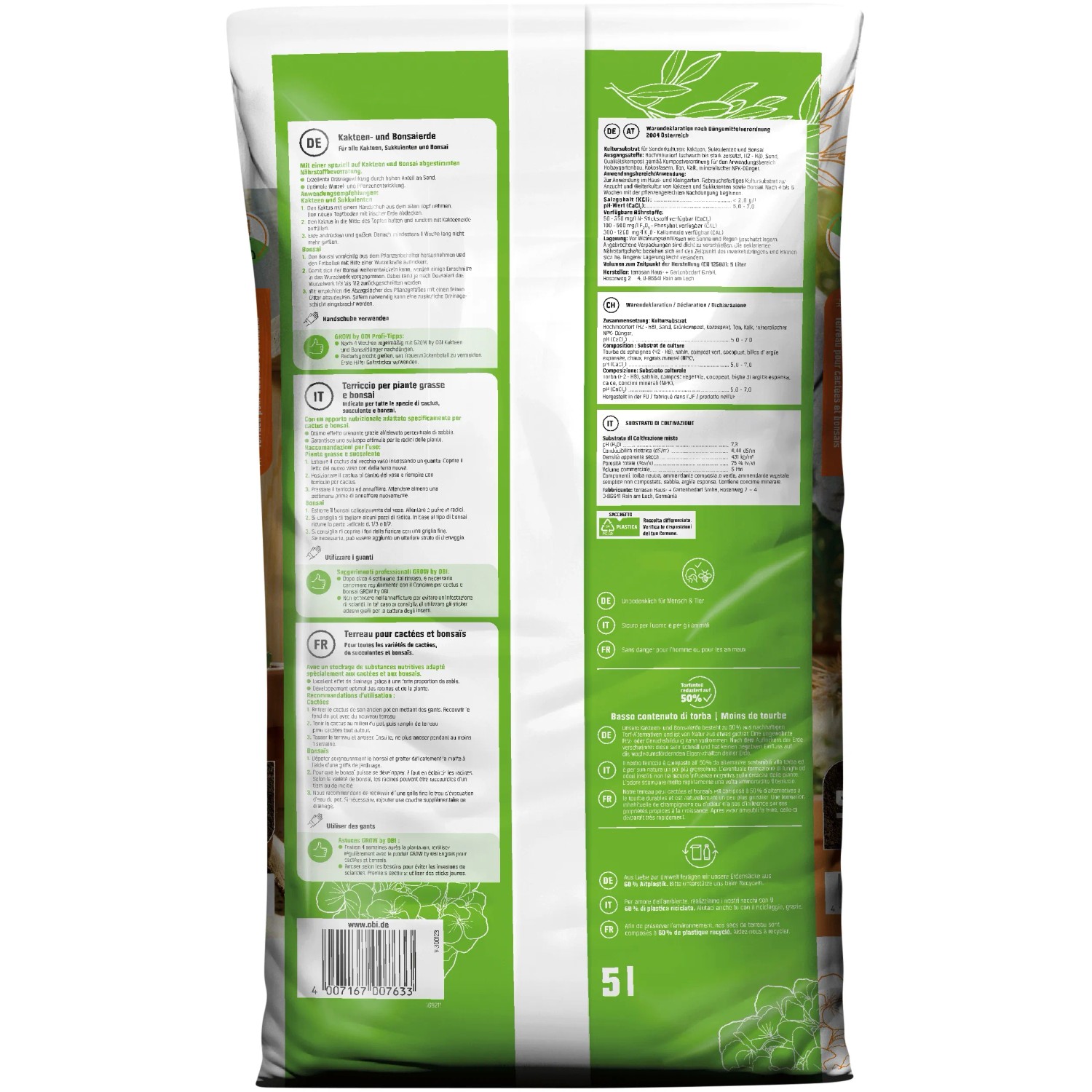 GROW by OBI Kakteen- und Bonsaierde, 5l Sack, Kultursubstrat für Kakteen, Sukkulenten und Bonsais.