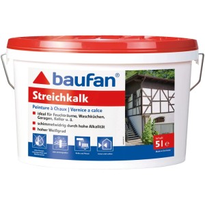 Baufan Streichkalk 5 l in weißem Eimer mit rotem Deckel. Kalkfarbe für Wände und Decken innen/außen.