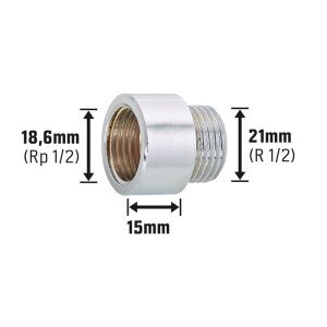 Verchromte Hahnverlängerung aus Messing, 18,6 mm x 21 mm, 15 mm lang, für Gewindefittings.