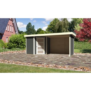Terragraues Karibu Holz-Gartenhaus mit Flachdach und Anbau, 209x213 cm.