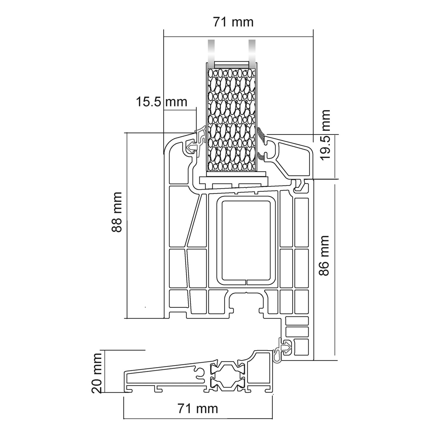 Schnittzeichnung Kunststoff-Haustür, 71 mm Bautiefe, Detailansicht mit Maßen.