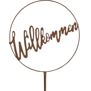 Rostfarbener Gartenstecker mit "Willkommen" Schriftzug, 90cm hoch. Dekorative Gartendeko.