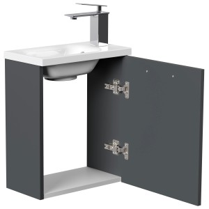 Posseik Badmöbel Pieni Slimline, 40 cm, Grafit: Waschbeckenunterschrank mit offenstehender Tür.