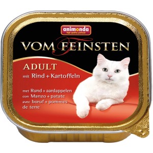 Vom Feinsten Katzen-Nassfutter Adult Rind & Kartoffeln, 100g Dose mit weißer Katze.