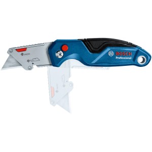 Bosch Professional Klappmesser, blau, mit ausgefahrener Klinge und Ersatzklinge.