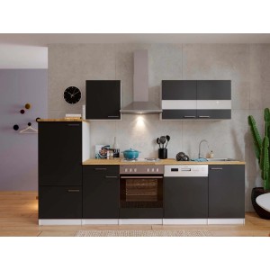Respekta Küchenzeile KB280WS, 280 cm, schwarz-weiß mit E-Geräten wie Herd, Kühlschrank und Geschirrspüler.