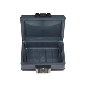 Offene, graue Yale Feuer- und Wasserschutz-Kassette (6,9 l) für Dokumente und Wertsachen.