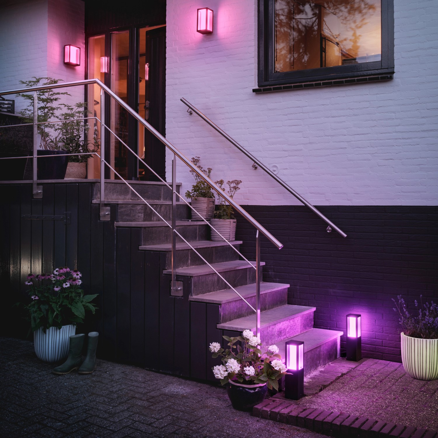 Philips Hue Impress Sockelleuchte als Erweiterung im Garten, mit farbigem Licht beleuchtete Treppe.
