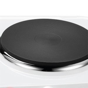 Detailaufnahme einer weißen Silva-Homeline Doppelkochplatte mit schwarzer Kochfläche.