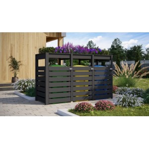 Karibu Mülltonnenbox für 3 Tonnen mit integriertem Hochbeet in Anthrazit im Garten.