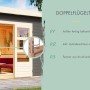 Karibu Gartenhaus Karlskoga mit geöffneter Doppeltür, terragrau lackiert. Holz-Gartenhaus mit Pultdach.