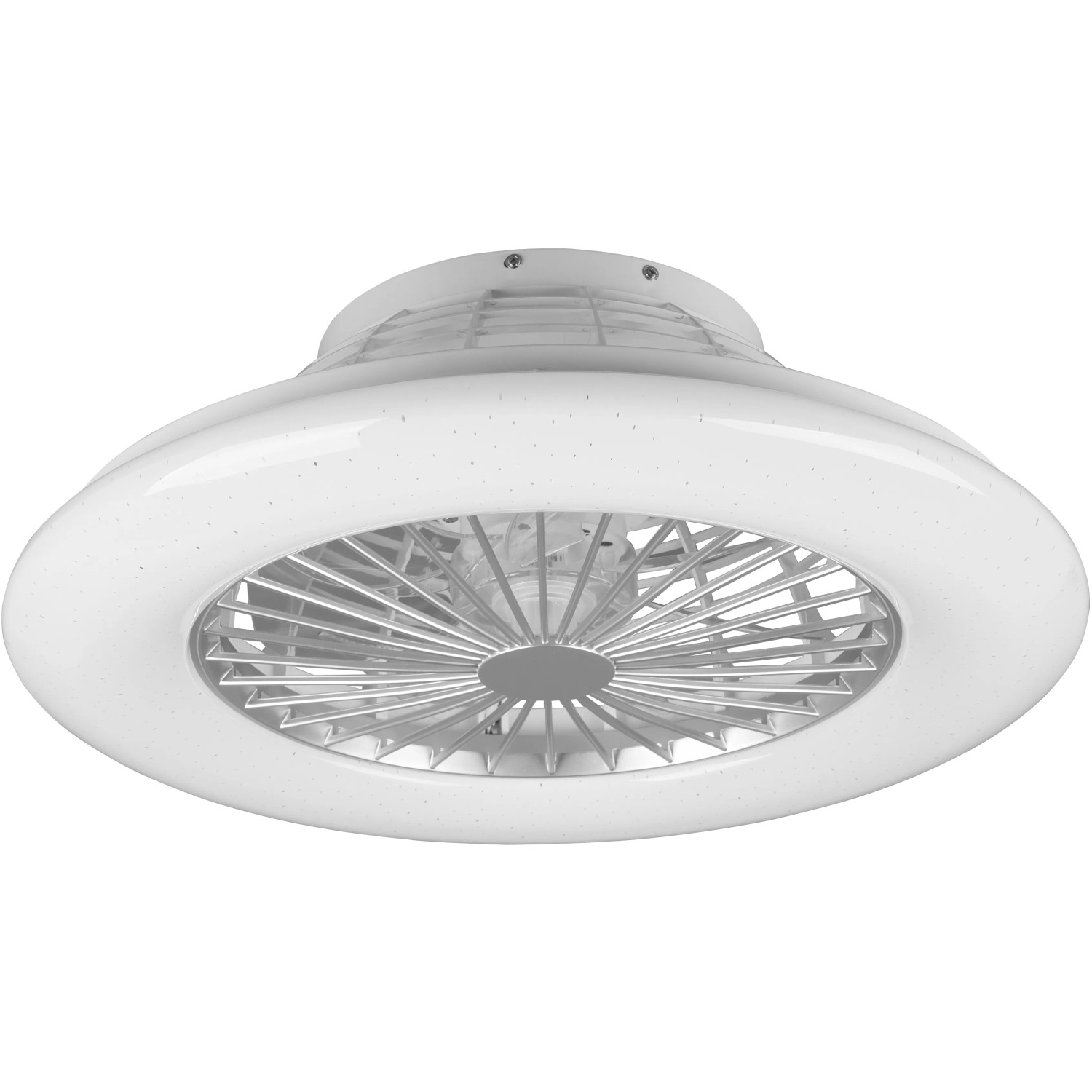 Weiße LED-Deckenleuchte Stralsund mit integriertem Ventilator in Titan-Optik.
