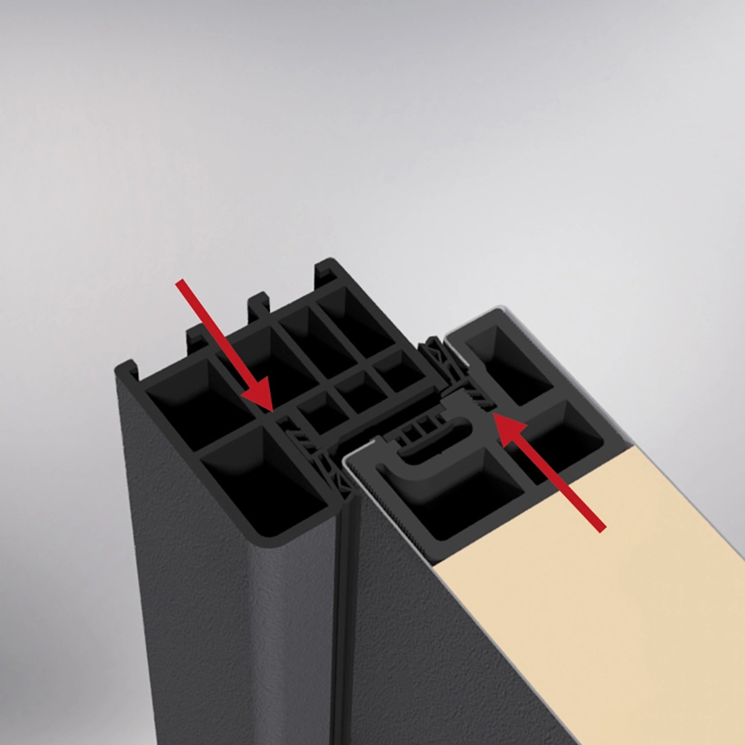 Detailansicht Stahl-Nebeneingangstür NS2 Anthrazit, Anschlag links, mit Dichtung.