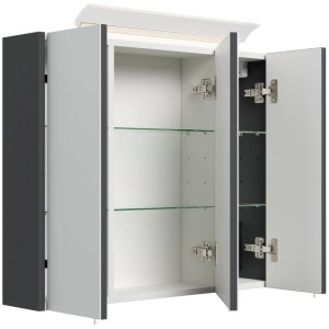 Posseik Spiegelschrank 75 cm, grafit, mit geöffneten Türen, LED-Lampe und Glasböden für Ihr Bad.