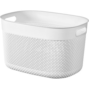 Weißer Curver Filo Recycling-Korb L (38x28x22cm) aus Kunststoff mit Griffen und dekorativer Flechtstruktur.