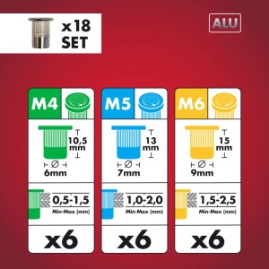 Arrow Nietmutter-Set RN M4/M5/M6, 18-teilig, Aluminium. Zangen-Zubehör für stabile Gewinde.