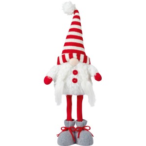 OBI Wichtel Weihnachtsfigur aus Polyester, rot-weiß gestreifte Mütze, weißer Bart, rote Knöpfe, graue Schuhe. Festliche Weihnachtsdeko.