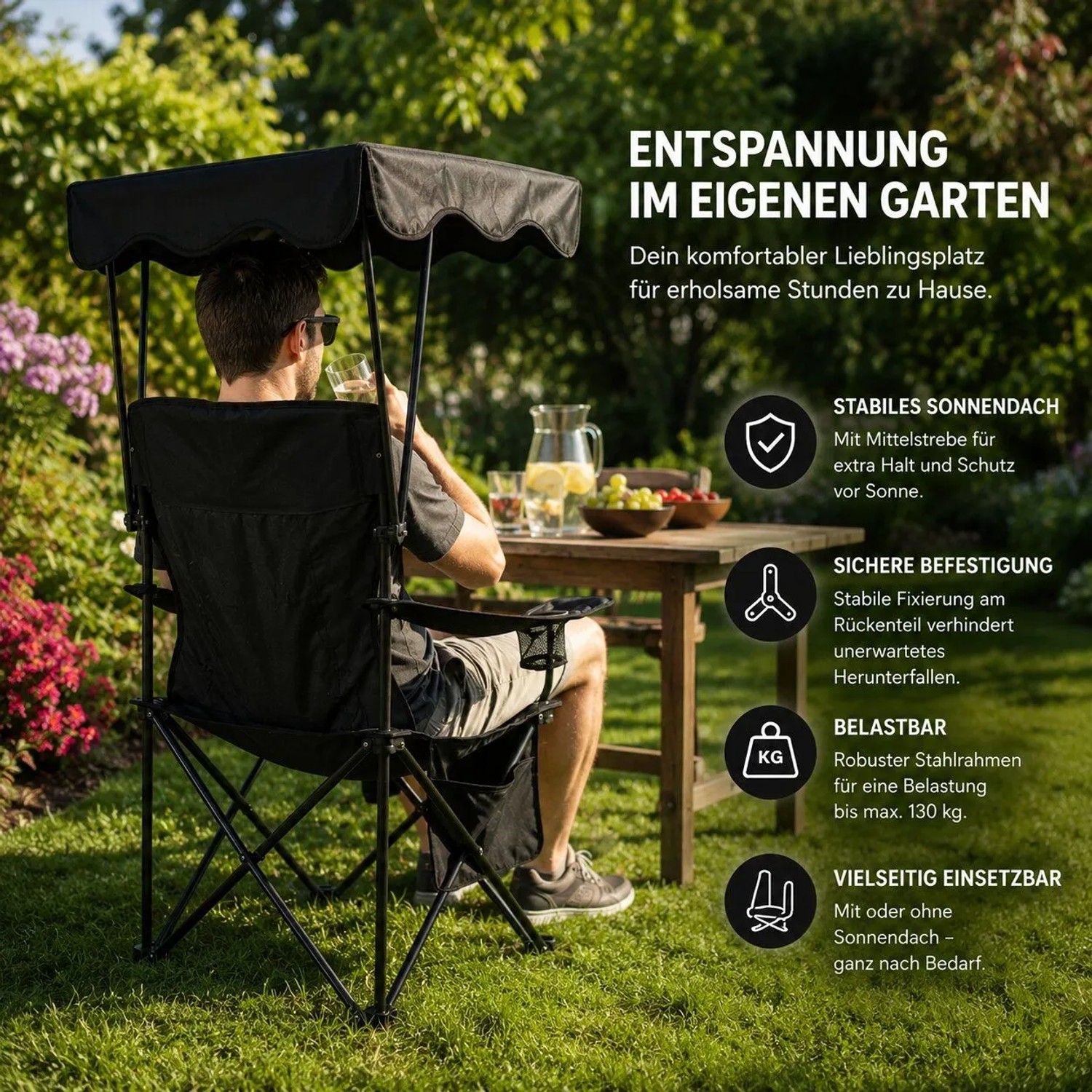 BigDean Campingstuhl Mit Sonnenschutz Schwarz Faltbarer Campingstuhl Mit Sonnendach Getränkehalter Und Tragetasche Klappstuhl Mit Dach Anglersessel kaufen bei OBI