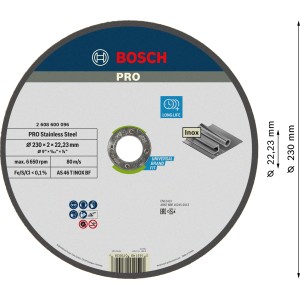 Bosch Schleif-Trennscheibe Inox, 230mm Durchmesser, für Winkelschleifer. Zum Trennen von Stahl.