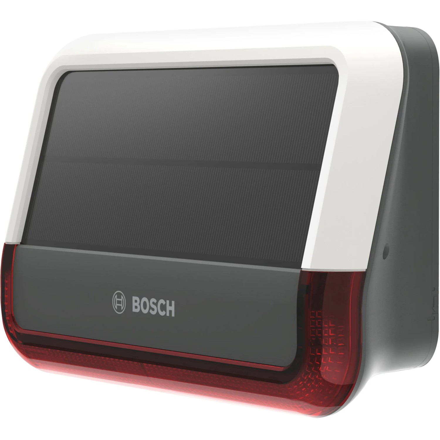 Bosch Smart Home Außensirene mit Solarpanel für Alarmanlagen, Gehäuse in Weiß, Grau und Rot.