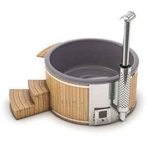 Finntherm Holz Badefass Stockholm Thermoholz Ø 200 cm VA-Ofen 30 kW Grau