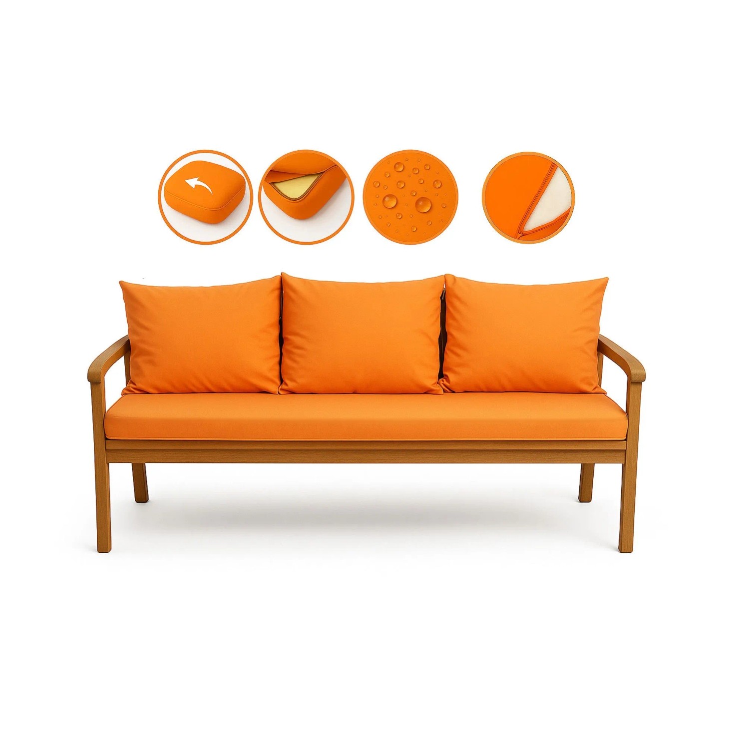 Orangefarbenes Bankkissen-Set für 3-Sitzer Gartenbank, bestehend aus Sitz- und Rückenkissen.
