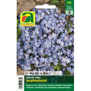 Austrosaat Vergissmeinnicht Blumensamen mit blauen Blüten auf der Verpackung.