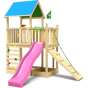 Jungle Gym Spielturm Wonder aus Holz mit blauem Dach, Kletterrampe und Rutsche in Fuchsia.