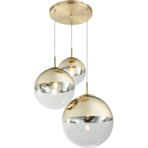 Goldfarbige Globo Pendelleuchte Varus mit drei Glasschirmen. Moderne Hängelampe für Wohn- und Schlafzimmer.