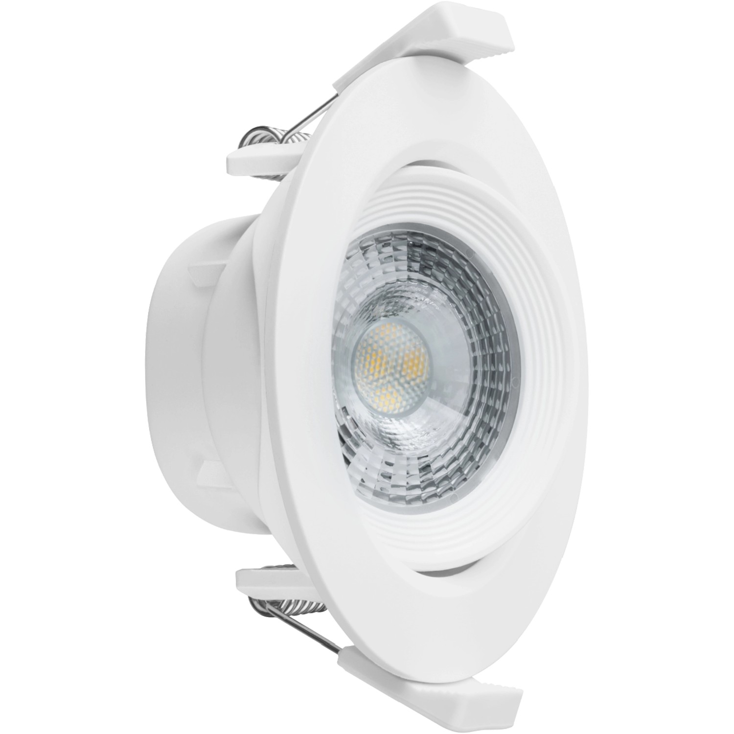 Weißer, dimmbarer LED-Einbaustrahler, 5W, 2700K, Ø 6,8cm, 3er-Set.